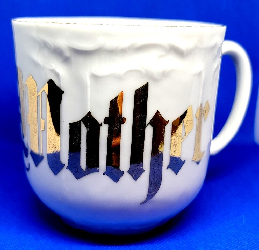 VNTG White Porcelain "Mother" Mug Gothic Style Gold Accents from K&L Co. Germany